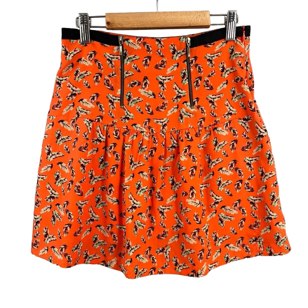 Kookaï Skirt Bright Orange Feather Print Accent Zippers Size 34 /‎ XS